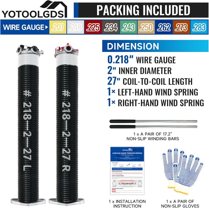 YOTOOLGDS مجموعة من زنبركات التواء باب المرآب 2" مع قضبان لف غير قابلة للانزلاق وقفازات، مطلية بالأسود بدقة عالية بدون زيت، للتبديل، MIN 16,000 دورة (0.218x 2" x 27'') - Image 2